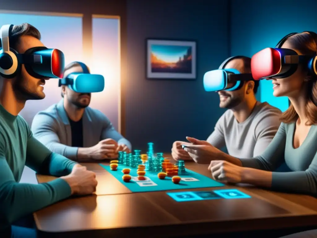 Amigos disfrutan de juego de mesa en Realidad Virtual, inmersos y emocionados en ambiente digital