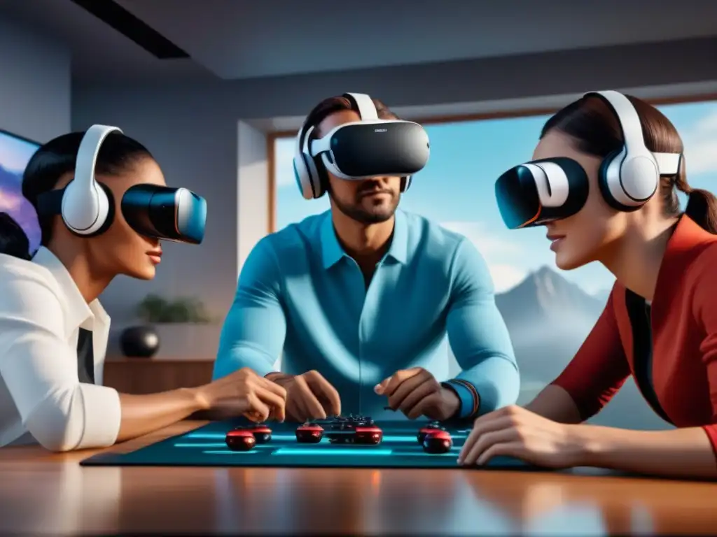 Amigos disfrutando de un juego de mesa en realidad virtual con Oculus Quest 2, mostrando la integración de consolas de videojuegos adaptadas