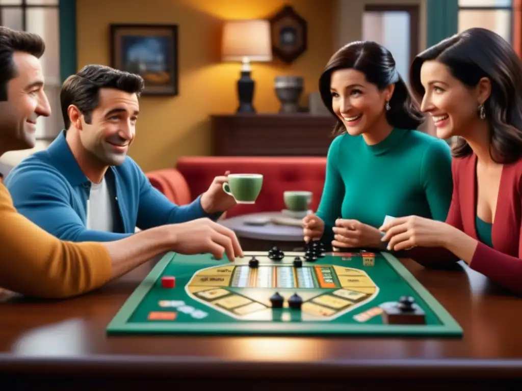 Amigos disfrutan apasionadamente del juego de mesa Friends en una sala ambientada con referencias nostálgicas