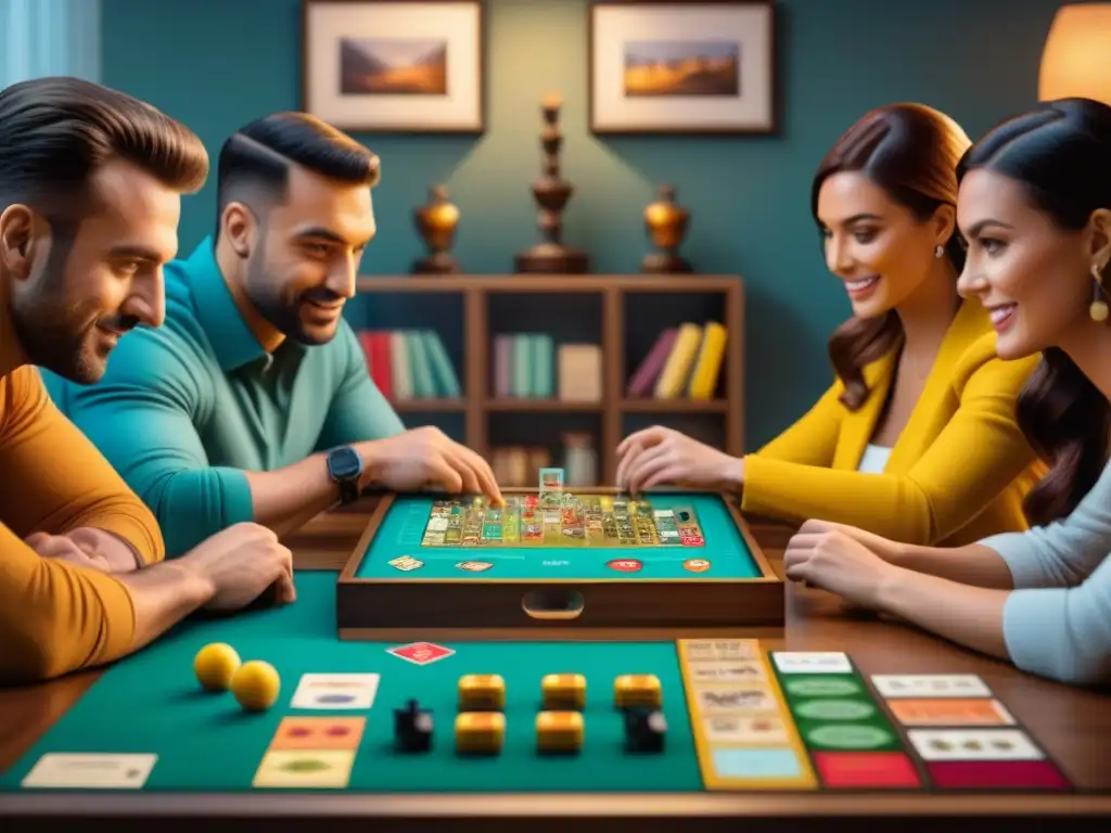 Amigos disfrutando de un juego de mesa en una sala acogedora, con piezas y cartas coloridas