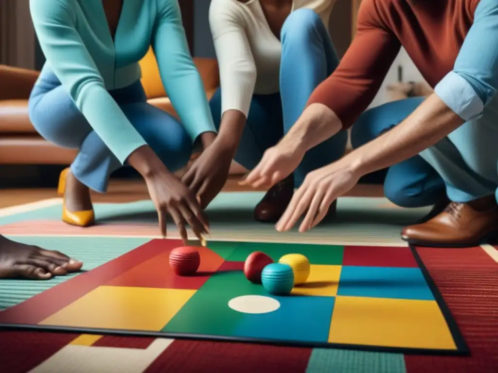 Amigos disfrutan juego mesa Twister en sala acogedora, risas y diversión en ambiente sociable y nostálgico