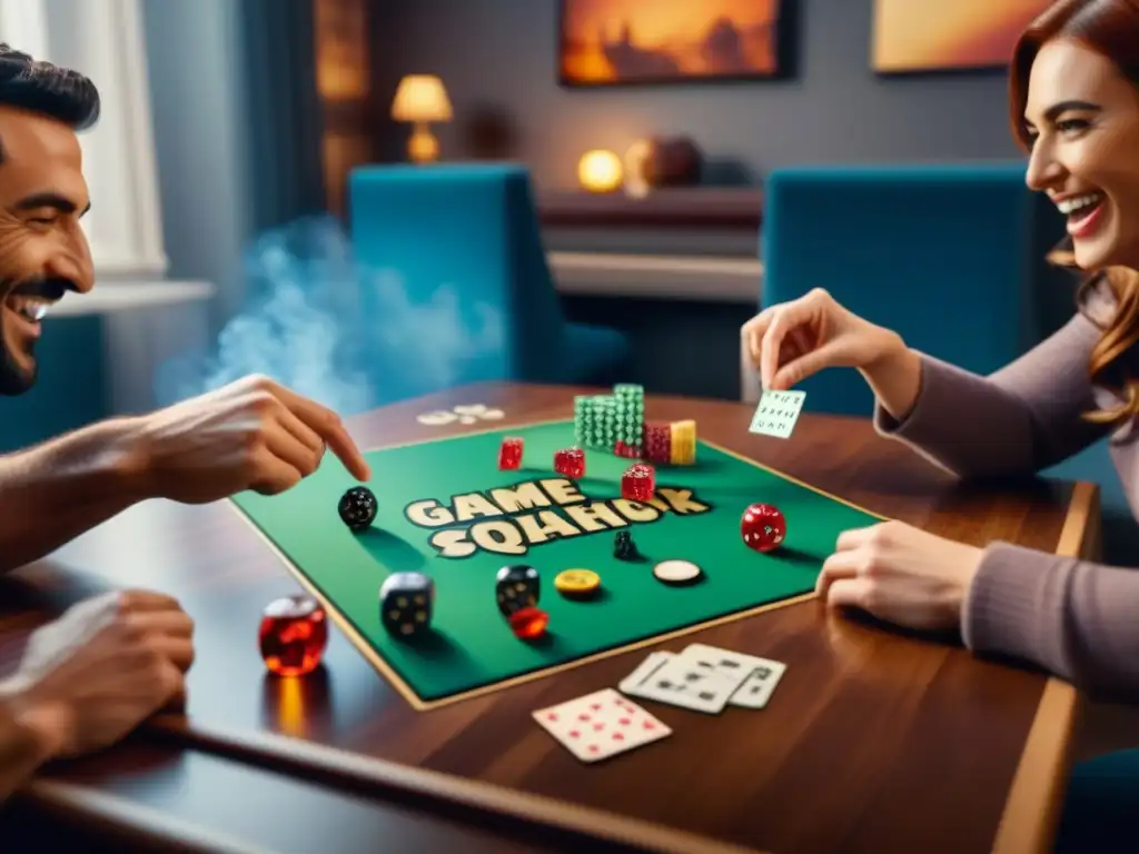 Amigos disfrutando de juegos de mesa para desconectar en una acogedora sala iluminada, con risas y camaradería compartida