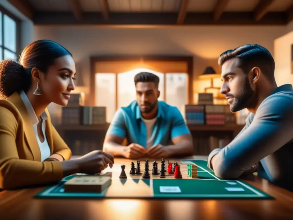 Diversión y estrategia: amigos disfrutando de juegos de mesa Amigos disfrutando de juegos de mesa en ambiente acogedor
