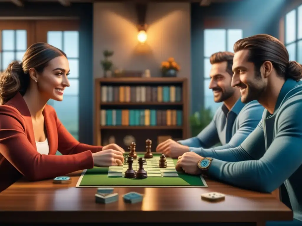 Amigos disfrutando de juegos de mesa en casa, con códigos promocionales juegos de mesa