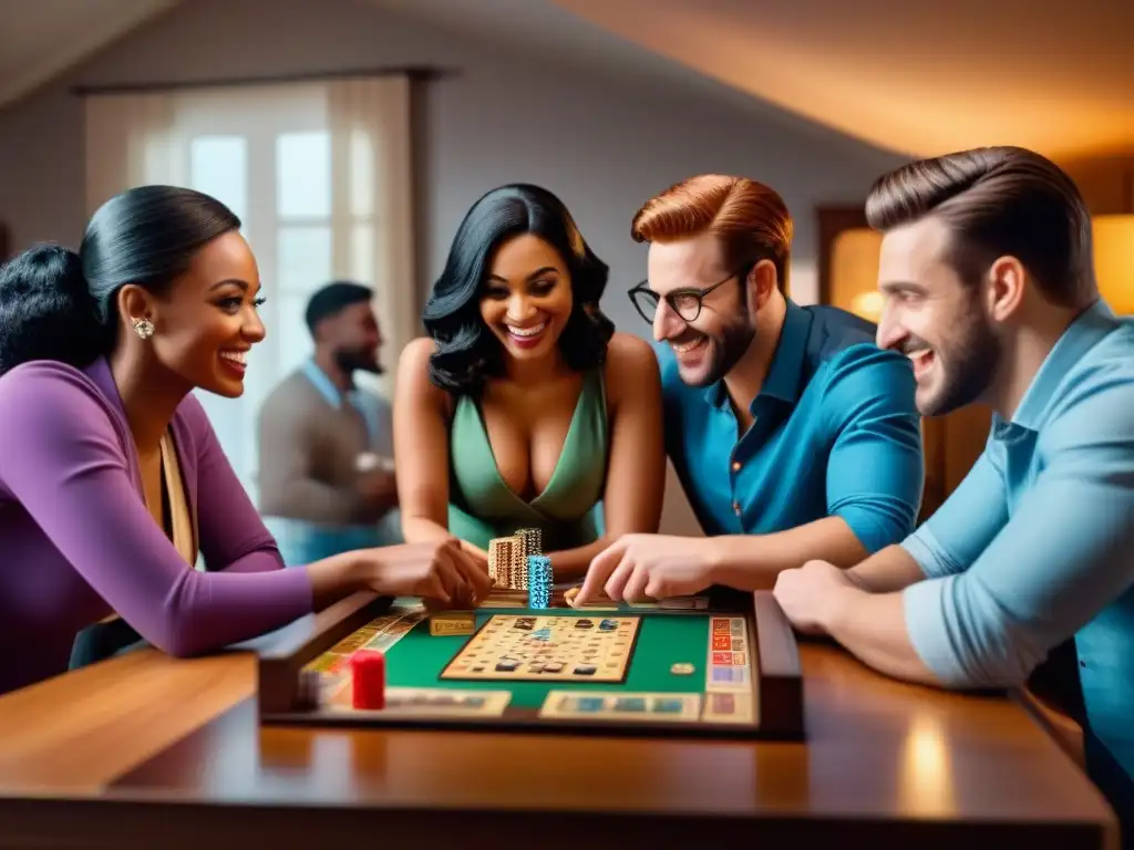 Amigos disfrutando de juegos de mesa, con códigos promocionales juegos de mesa en el fondo