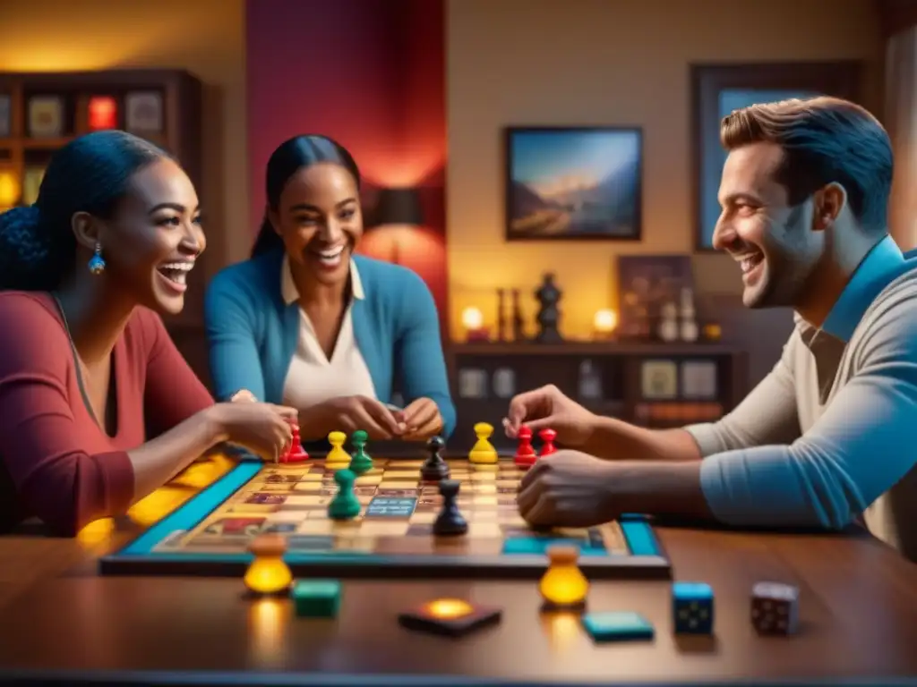 Amigos disfrutan de juegos de mesa, concentrados y alegres