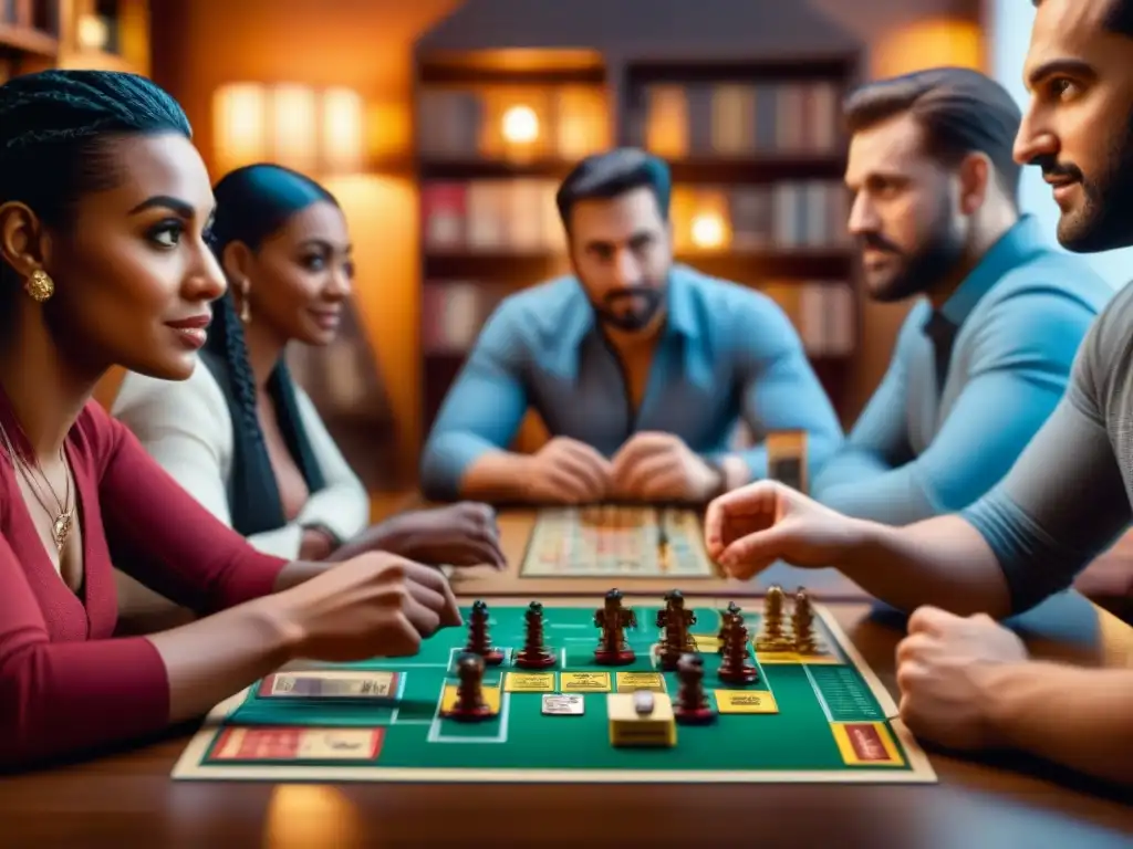 Amigos disfrutan de juegos de mesa, con expresiones de emoción y camaradería