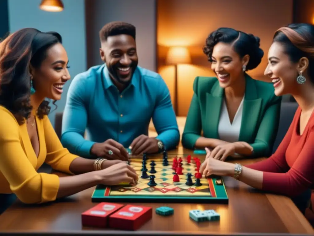 Amigos disfrutando de juegos de mesa para fiestas en una animada reunión social