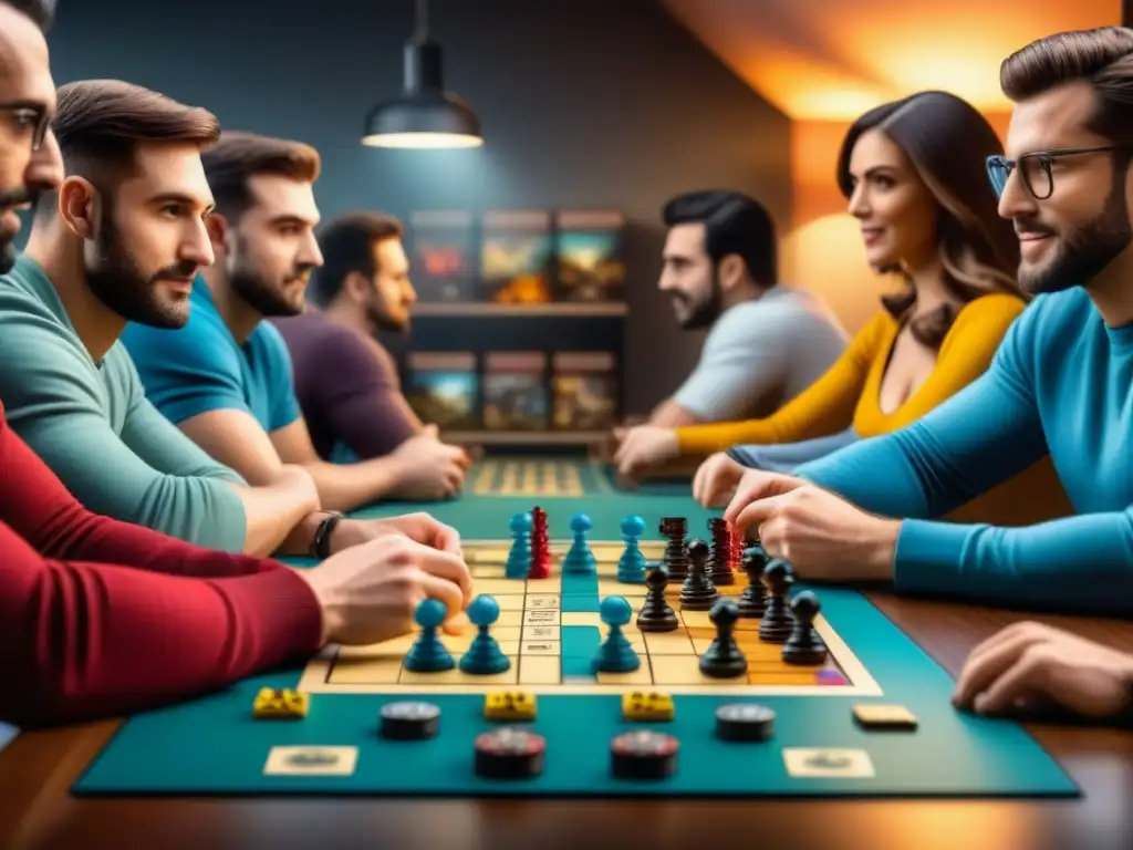 Amigos disfrutando de juegos de mesa, inmersos en la estrategia y camaradería