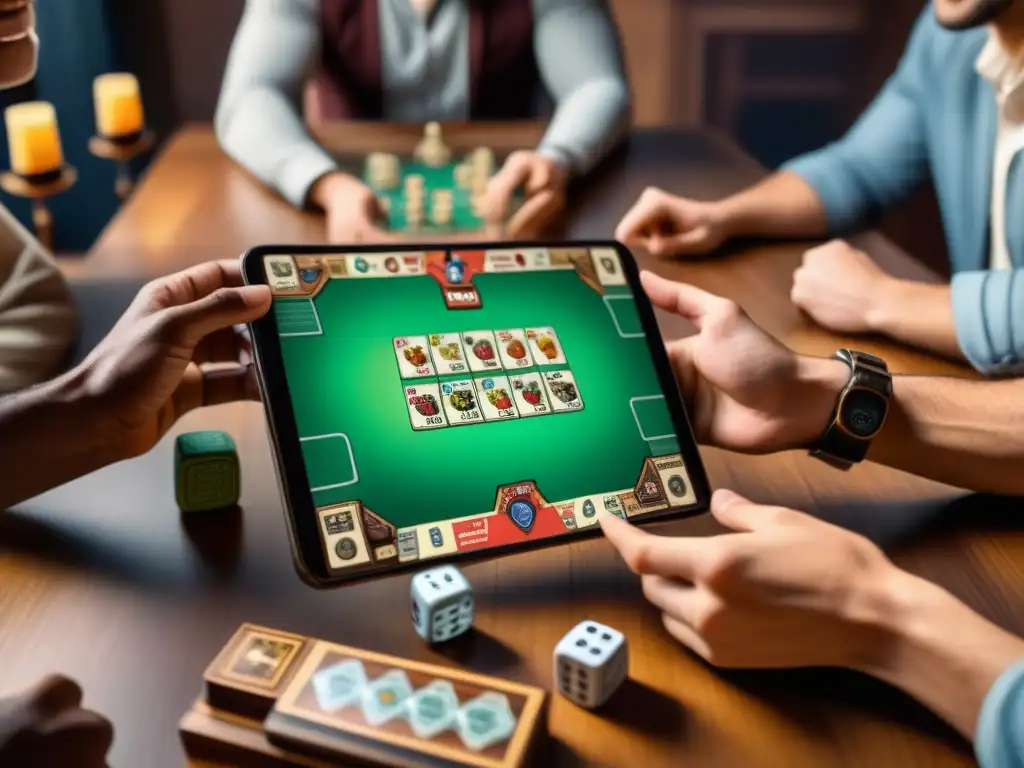 Amigos disfrutando de juegos de mesa con las mejores apps complementarias, fusionando lo tradicional con lo digital