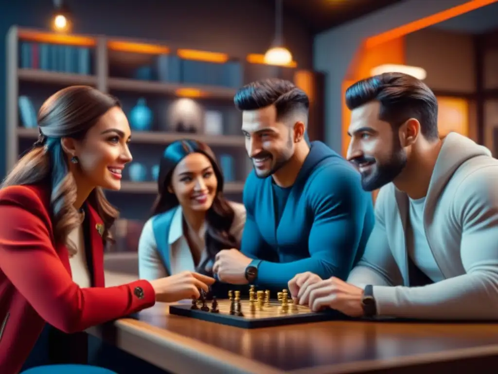 Amigos disfrutando de juegos de mesa en palabras móvil con entusiasmo y diversión en ambiente acogedor