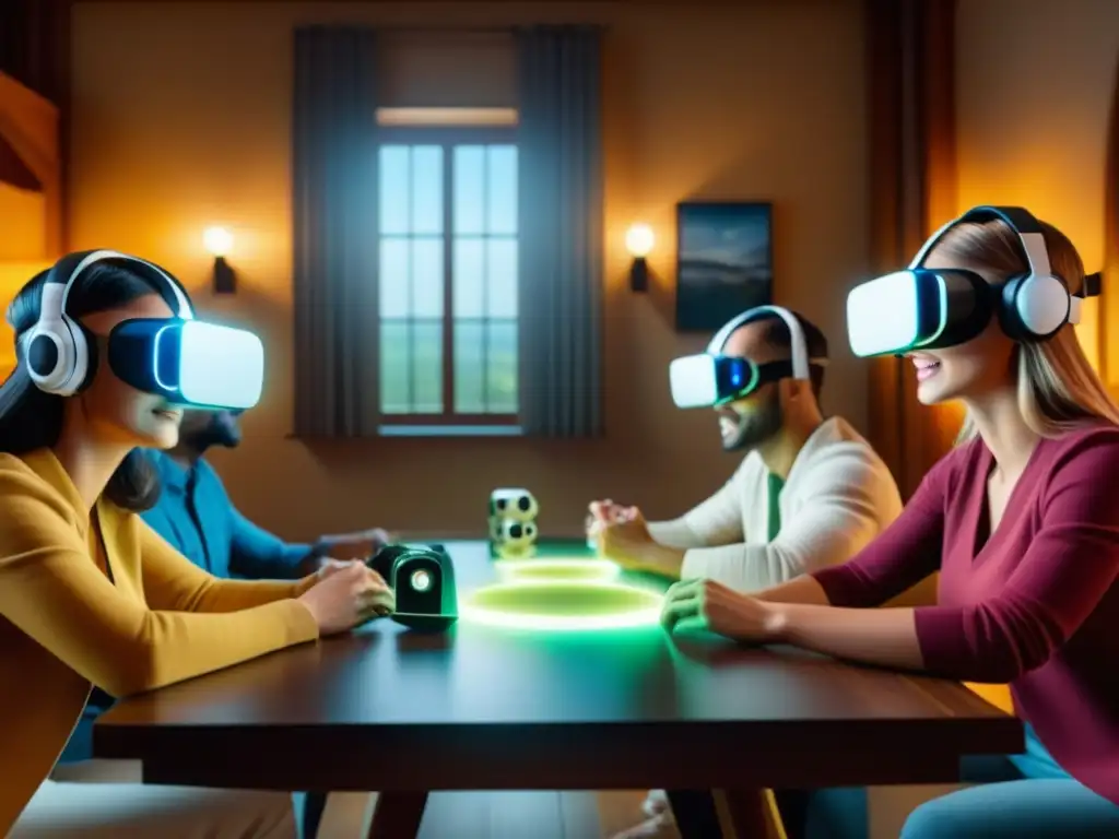 Amigos disfrutan de juegos de mesa con Realidad Virtual en una habitación ambientada en penumbra, inmersos en la experiencia