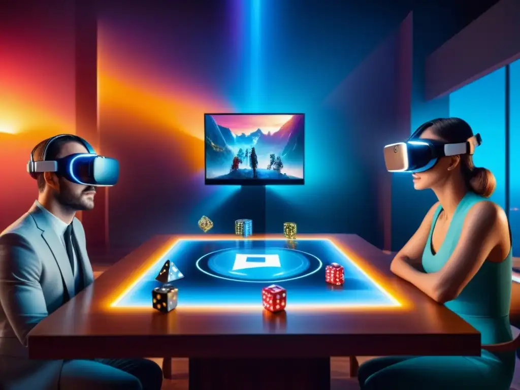 Amigos disfrutan de juegos de mesa en realidad virtual, inmersos en un mundo digital futurista