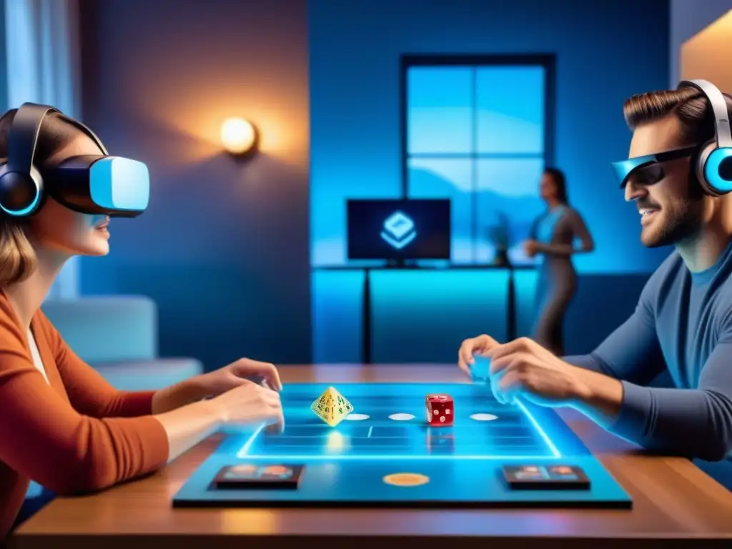 Amigos disfrutan de juegos de mesa realidad virtual en ambiente futurista con gadgets tecnológicos y proyección holográfica en mesa iluminada en azul