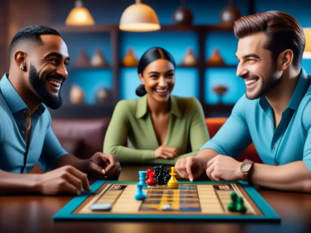 Amigos disfrutando de juegos de mesa, fortaleciendo relaciones en un ambiente acogedor