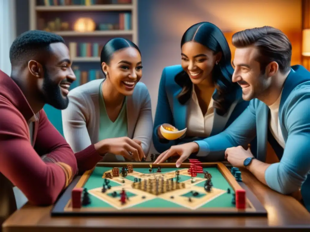 Amigos disfrutando de juegos de mesa, fortaleciendo relaciones en ambiente acogedor y divertido