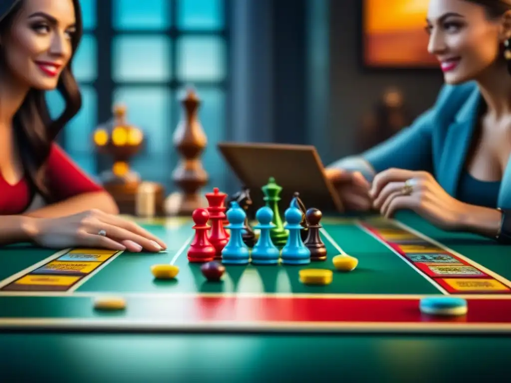 Juegos de mesa con amigos: diversión y camaradería a todo color Amigos disfrutando de juegos de mesa, con tableros coloridos y cartas, en una escena vibrante y llena de emoción