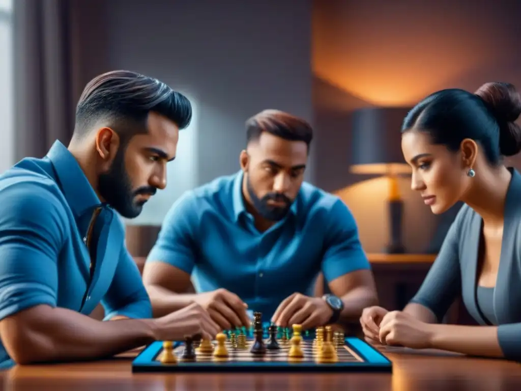 Amigos disfrutan de juegos de mesa y apps con emoción Amigos disfrutando de juegos de mesa tradicionales y digitales, fusionando estrategias con 'Apps para dominar juegos de mesa'