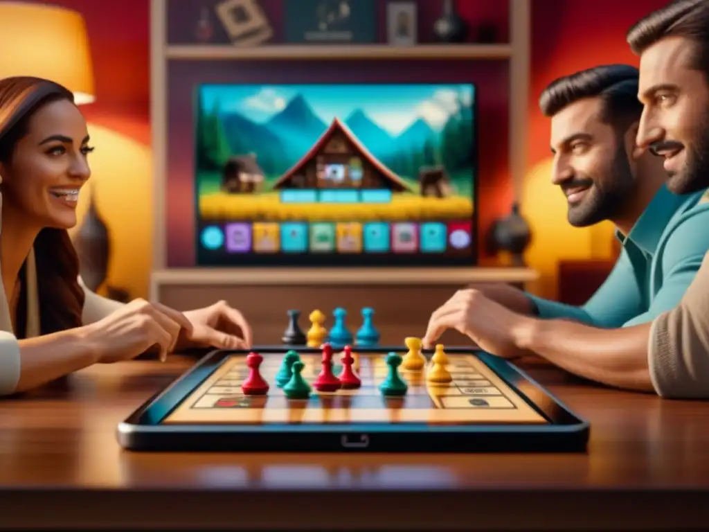 Amigos disfrutan de las mejores apps juegos de mesa en una noche de juegos animada