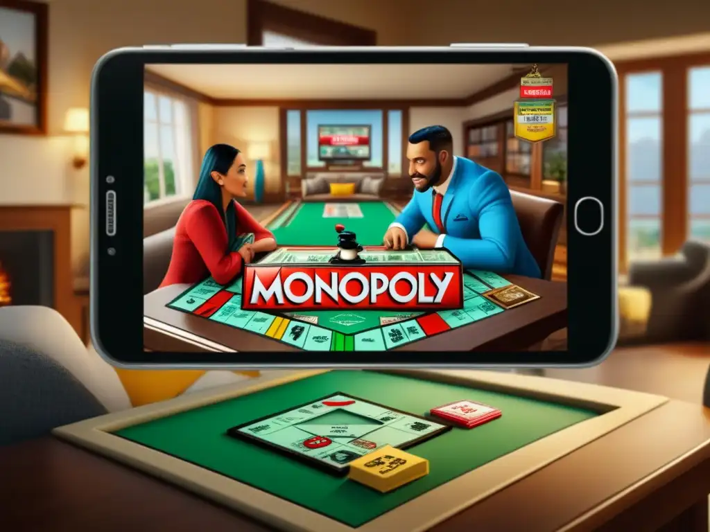 Amigos juegan Monopoly en app móvil desde lejos, unidos en diversión virtual