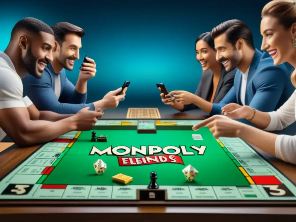 Amigos disfrutan del Monopoly en app móvil a distancia, conectados en diversas ubicaciones del mundo