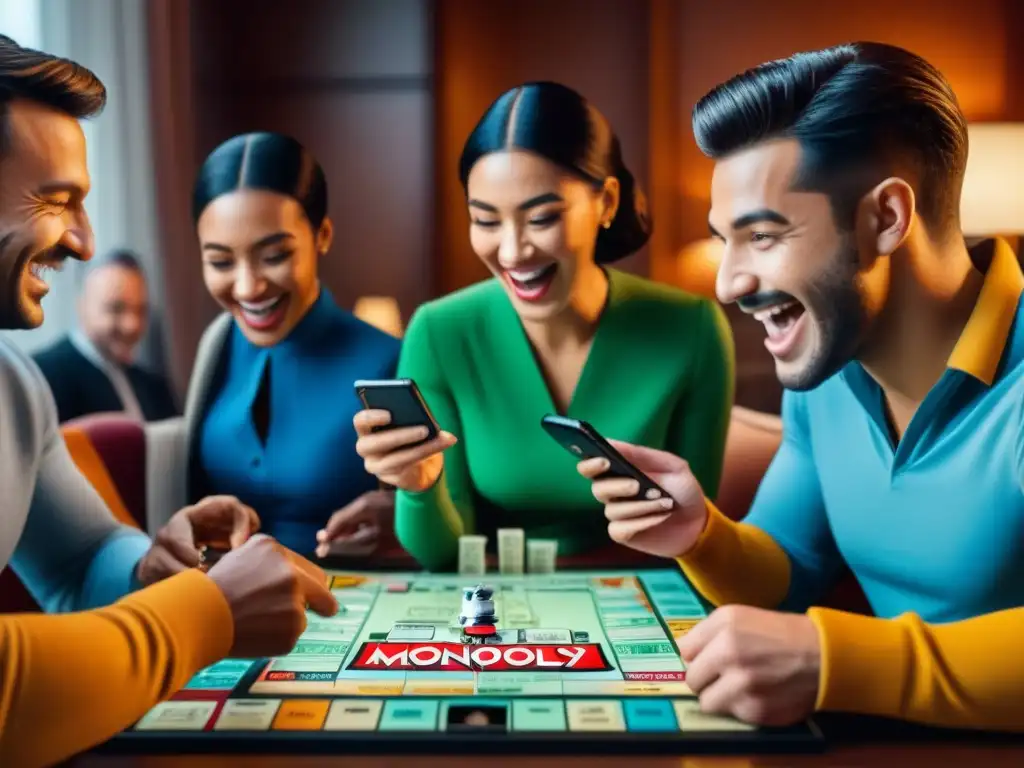 Amigos disfrutan jugar Monopoly app móvil distancia, conectados por diversión y tecnología