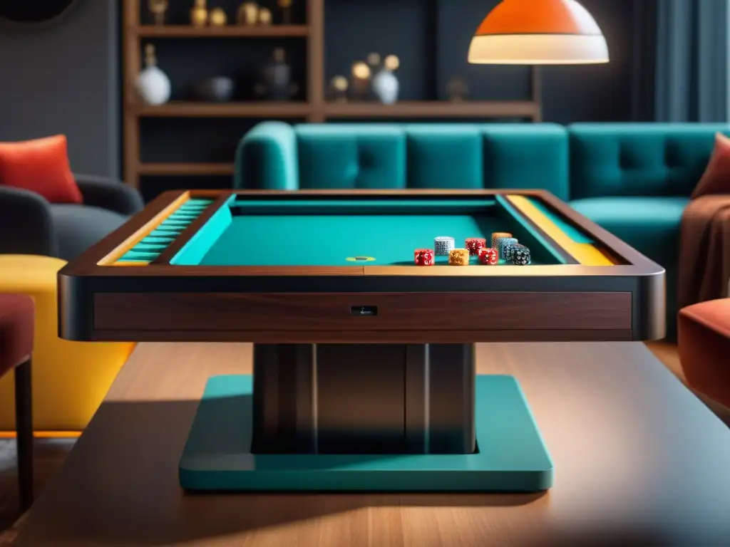 Amigos disfrutan de una noche de juegos en una mesa convertible para juegos de mesa, con piezas de colores y ambiente acogedor