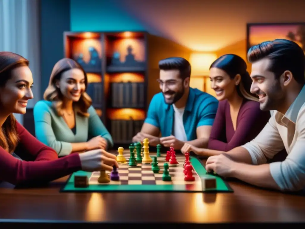 Amigos disfrutando de una noche de juegos de mesa, con expresiones concentradas