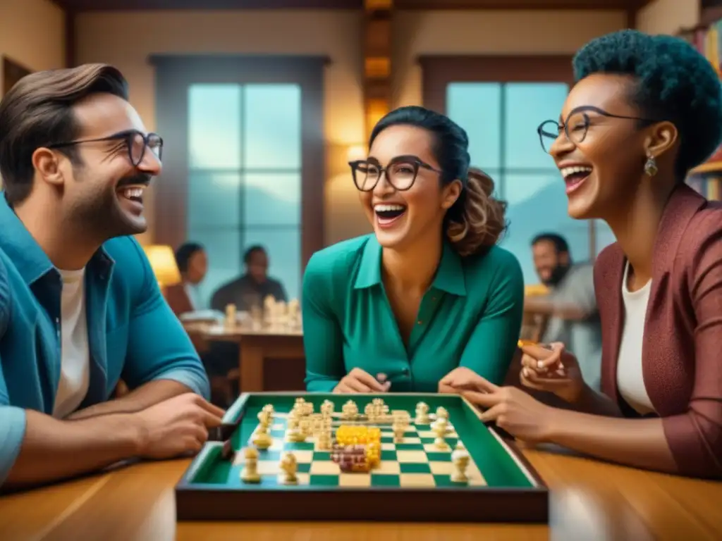 Amigos disfrutan de una noche de juegos de mesa, incorporando humor en juegos de mesa