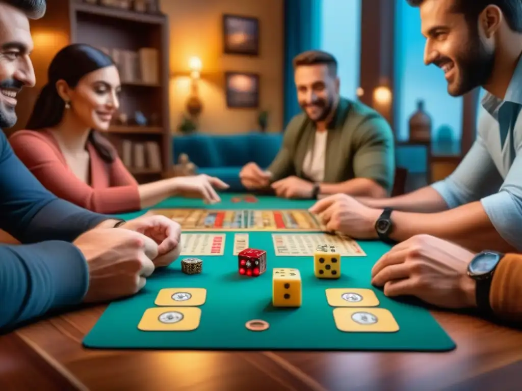 Amigos disfrutan noche de juegos perfecta con estrategia y diversión en ambiente acogedor