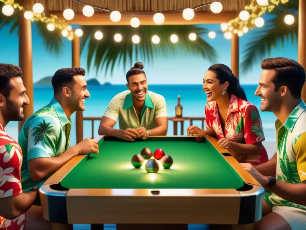 Amigos disfrutan de noche temática en isla tropical con juego limbo