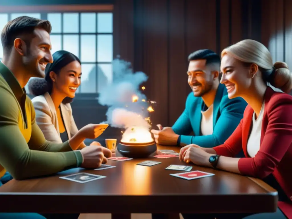 Amigos disfrutando de una partida de 'Exploding Kittens', mostrando emoción y diversión