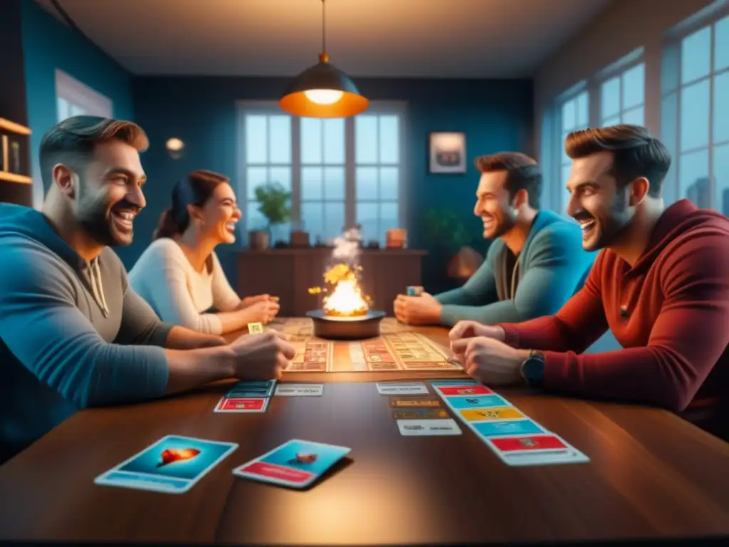 Amigos disfrutan de una partida intensa de Exploding Kittens en una acogedora sala de juegos