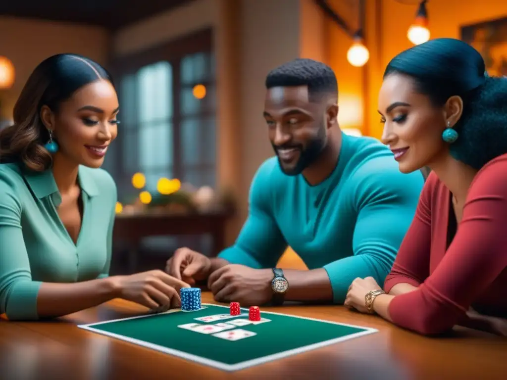 Amigos disfrutando de una partida de juegos de mesa Navidad en un ambiente festivo y acogedor con descuentos