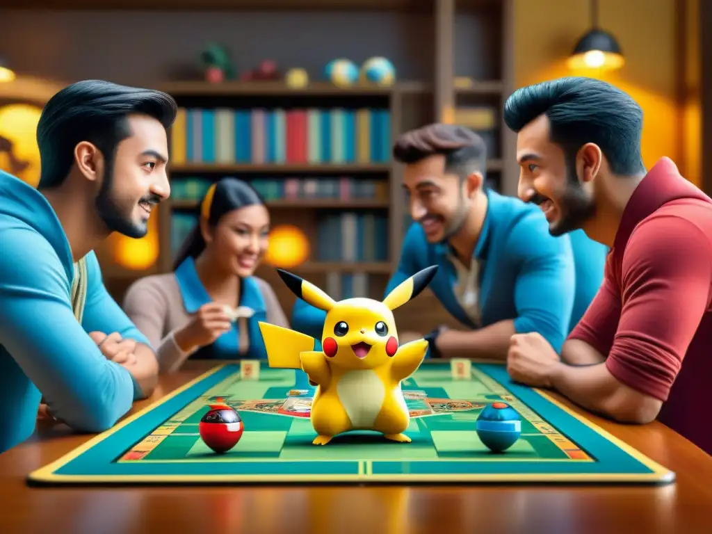 Amigos disfrutan de una partida de mesa con Juegos de mesa Pokémon estrategias en un ambiente acogedor y lleno de emoción