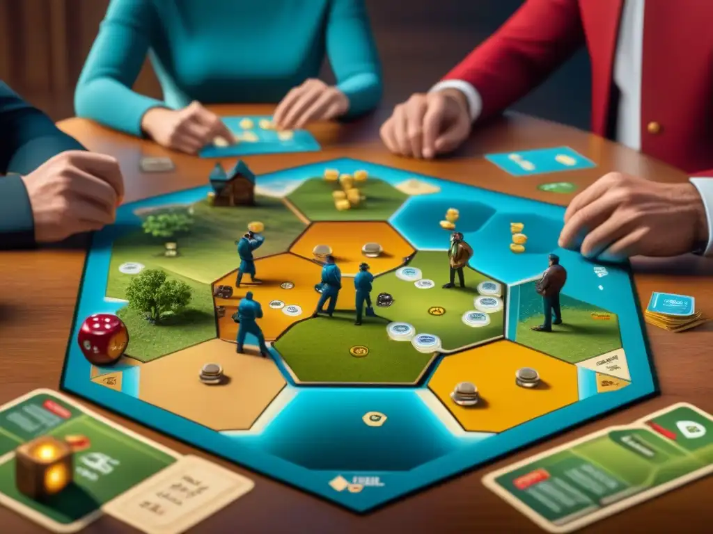 Amigos disfrutando de una partida de Catan, con el tablero hexagonal y cartas de recursos