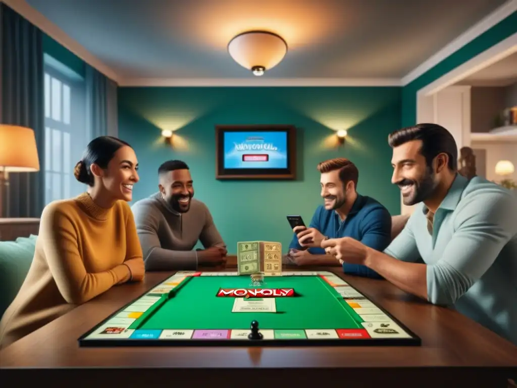 Amigos juegan Monopoly app móvil distancia; diversión remota y conexión en hogares acogedores