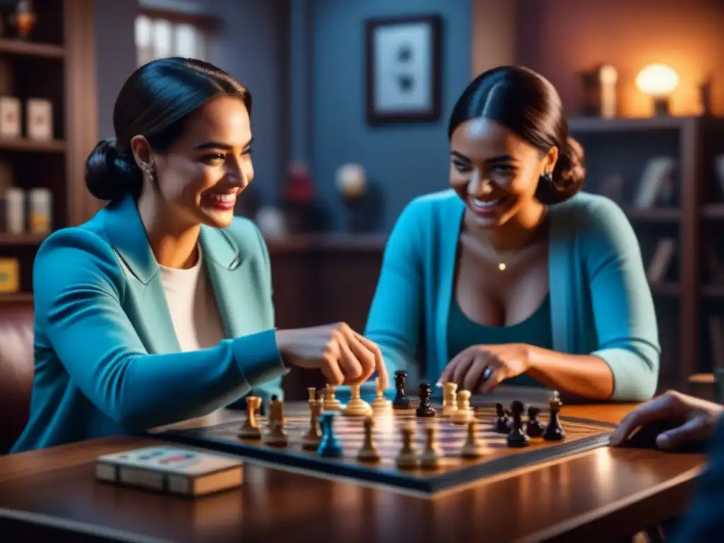 Amigos sonrientes disfrutan de una noche de juegos de mesa para desconectar en un ambiente acogedor y lleno de diversión