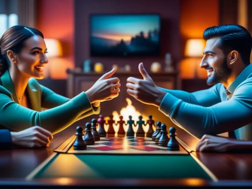 Amigos celebran triunfos en ligas de juegos de mesa, rodeados de colores y camaradería