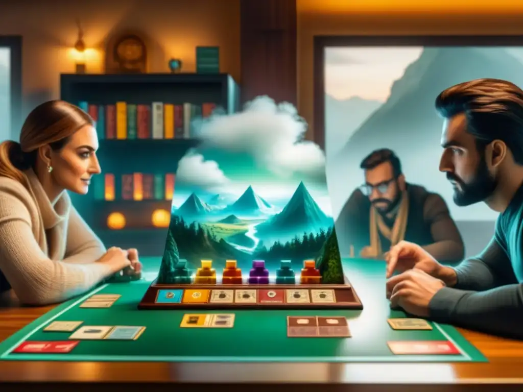 Amigos disfrutan de 7 Wonders, concentrados en estrategias postlanzamiento juego de mesa en acogedor ambiente de juego