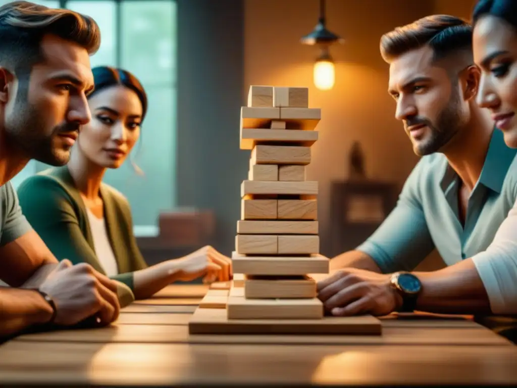 Amigos jugando Jenga, con tensión y camaradería