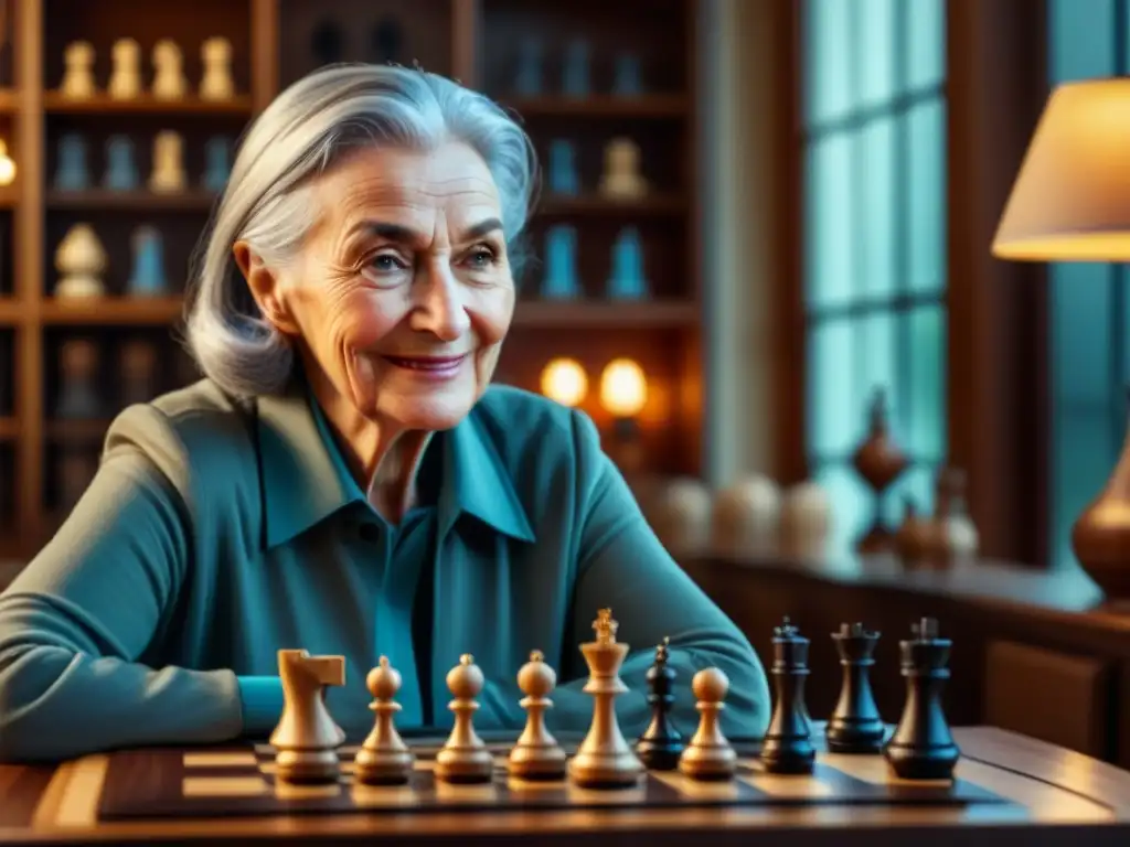 Una anciana juega ajedrez, concentrada y feliz en una habitación llena de juegos de mesa