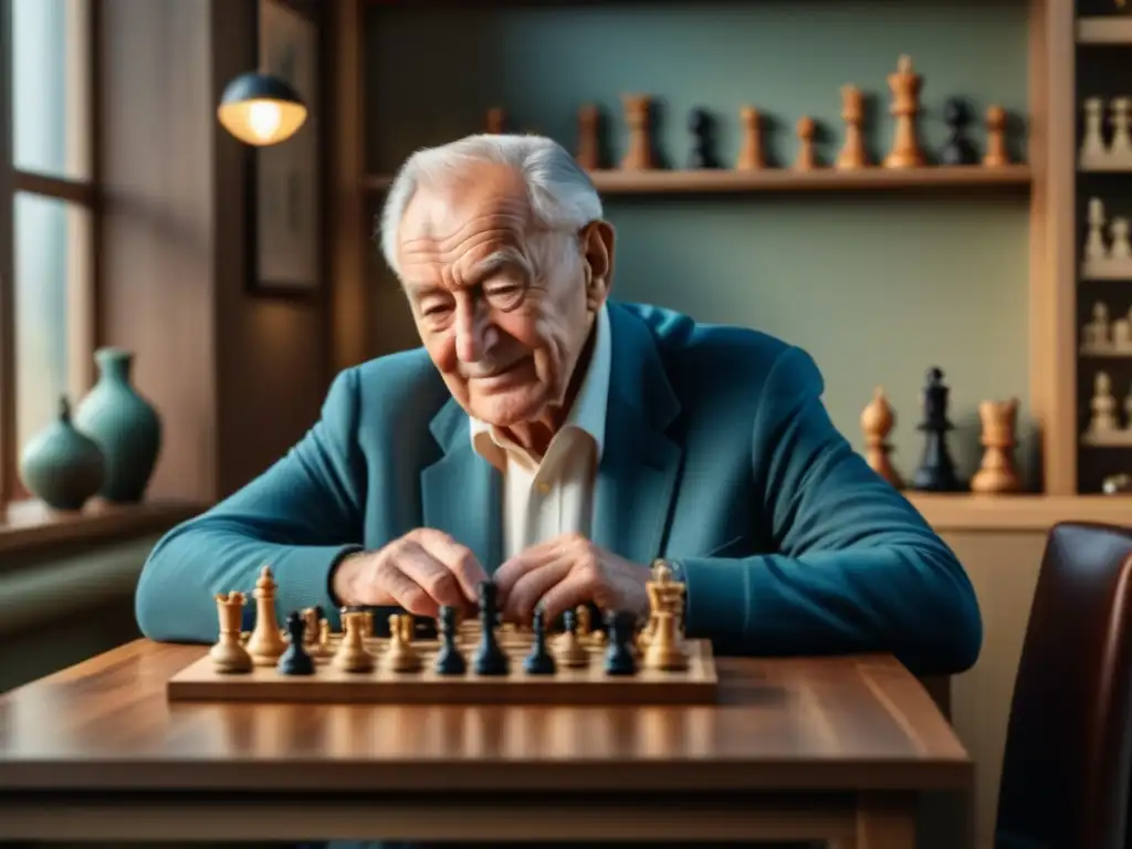 Un anciano y una niña juegan ajedrez en una habitación llena de juegos de mesa, mostrando diversidad etaria en juegos de mesa