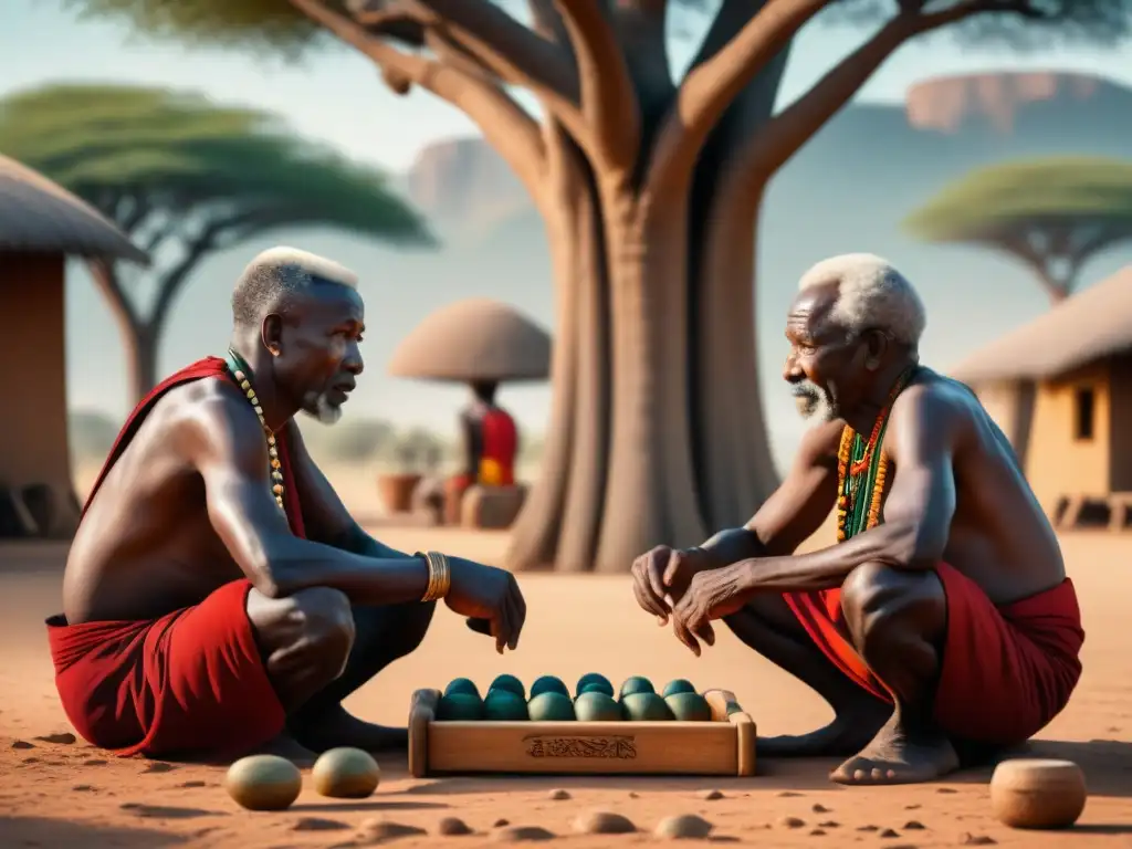 Dos ancianos africanos juegan Mancala bajo un baobab centenario, transmitiendo la historia del juego de Mancala a niños curiosos