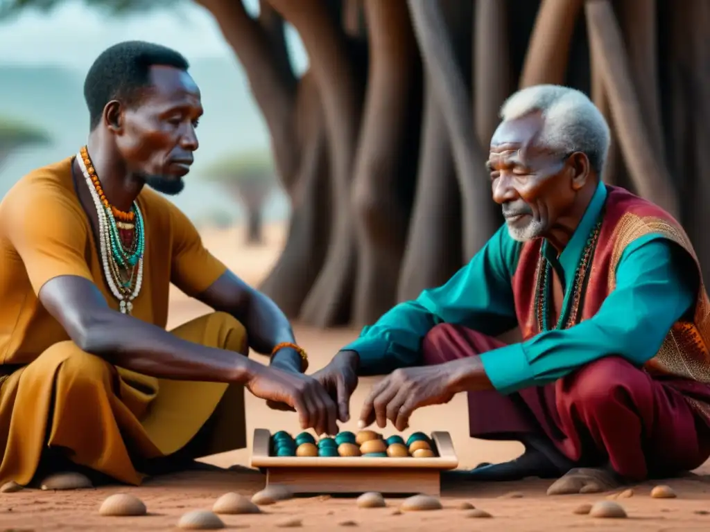 Dos ancianos africanos juegan Mancala bajo un baobab, resaltando la histórica tradición del juego