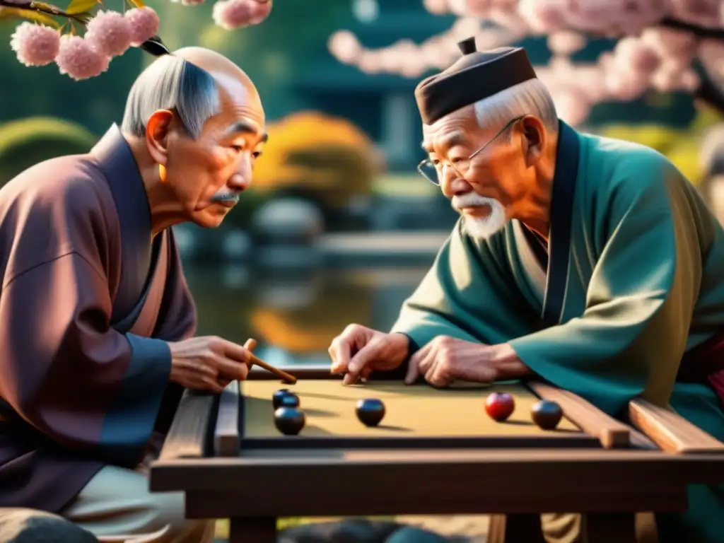 Partida de Go en jardín japonés: sabiduría ancestral Dos ancianos, uno asiático y otro caucásico, juegan Go en un jardín japonés