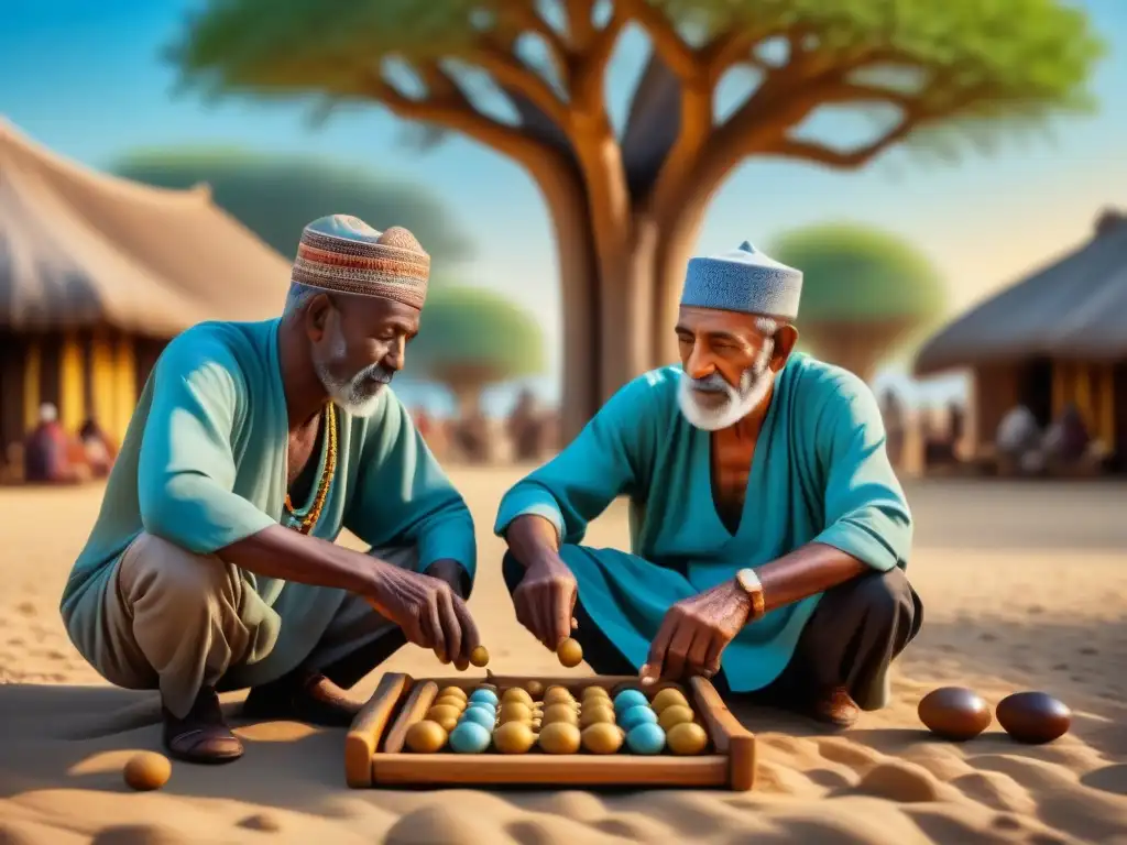 Dos ancianos jugando Mancala bajo un baobab centenario, con estrategias ganadoras de Mancala