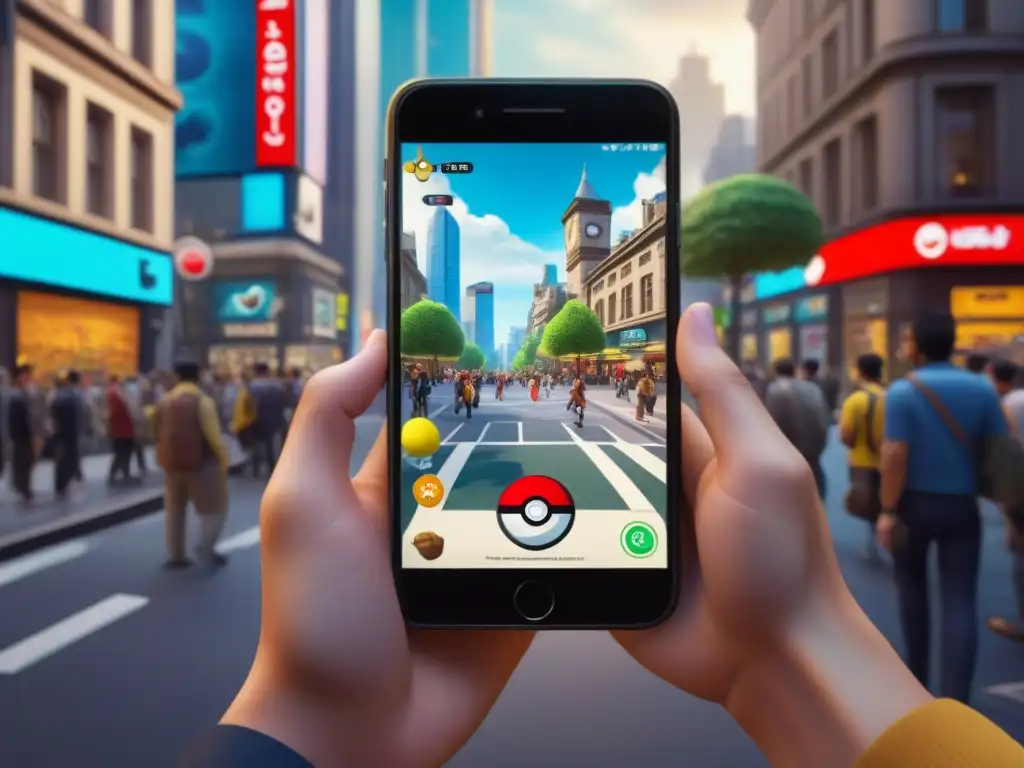 Una animada calle de la ciudad llena de personas jugando Pokémon GO en sus smartphones, mostrando estrategias juegos mesa rentables