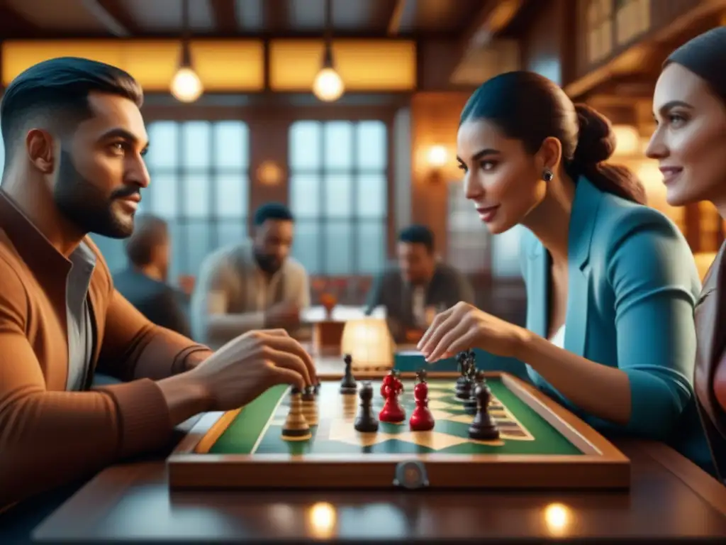 Una animada escena en un café con personas jugando juegos de mesa, revelando personalidades