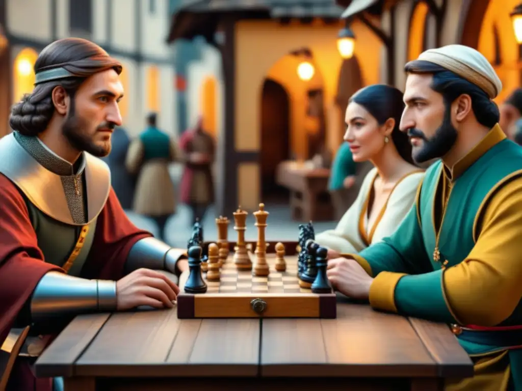 Una animada feria medieval llena de gente diversa jugando juegos de mesa, como ajedrez y backgammon, recreando la historia de los juegos de mesa